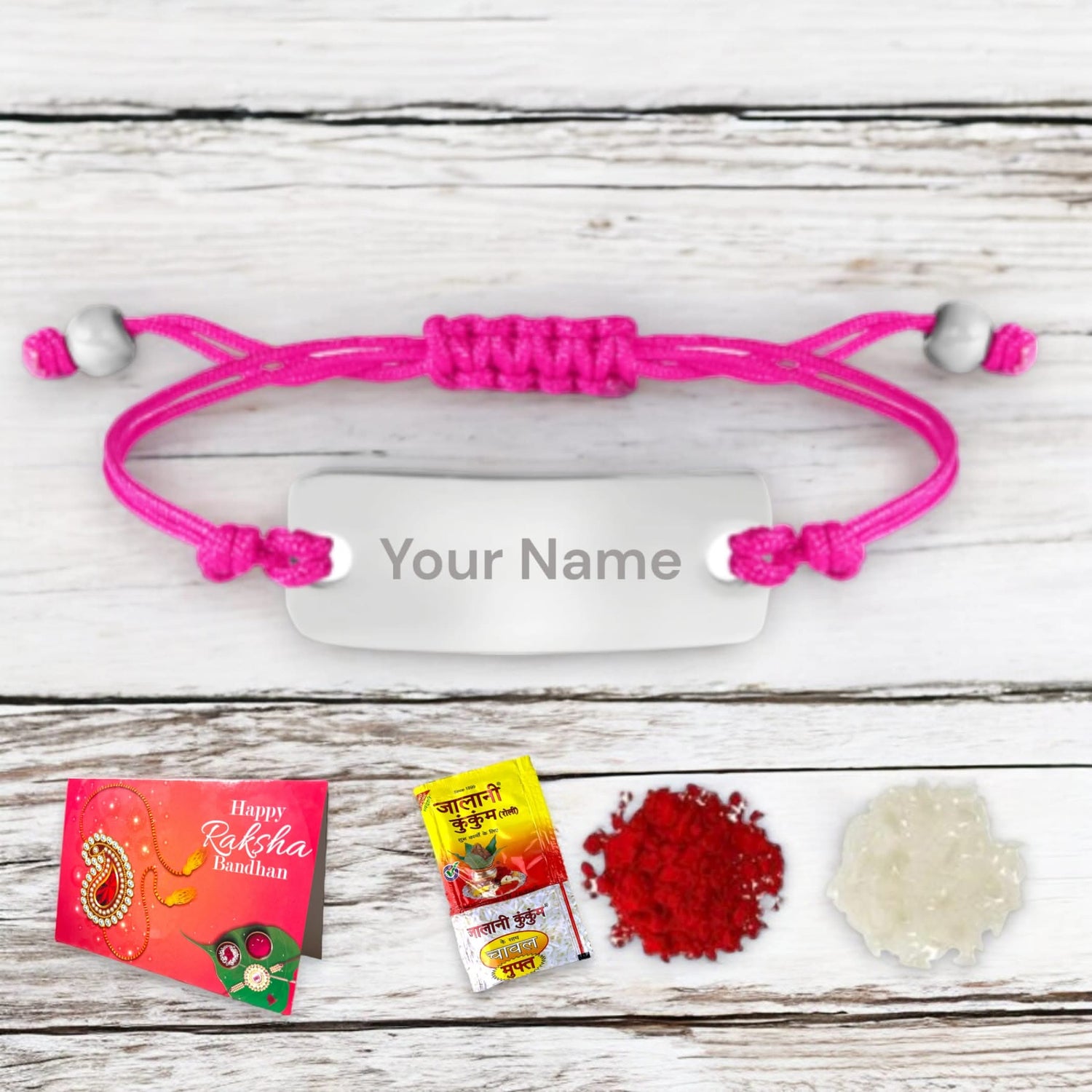 Personalized Stainless Steel Rakhi for Brother Custom Engraved Name Bracelet for Bhai Raksha Bandhan Customizable Thread Rakhi Gift Hamper with Roli Chawal Greeting Card - LoveNspire