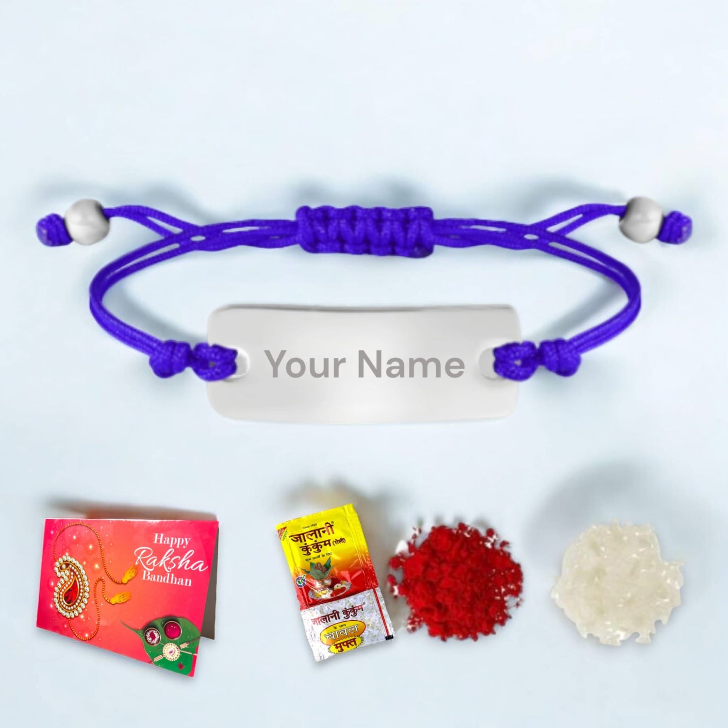Personalized Stainless Steel Rakhi for Brother Custom Engraved Name Bracelet for Bhai Raksha Bandhan Customizable Thread Rakhi Gift Hamper with Roli Chawal Greeting Card - LoveNspire