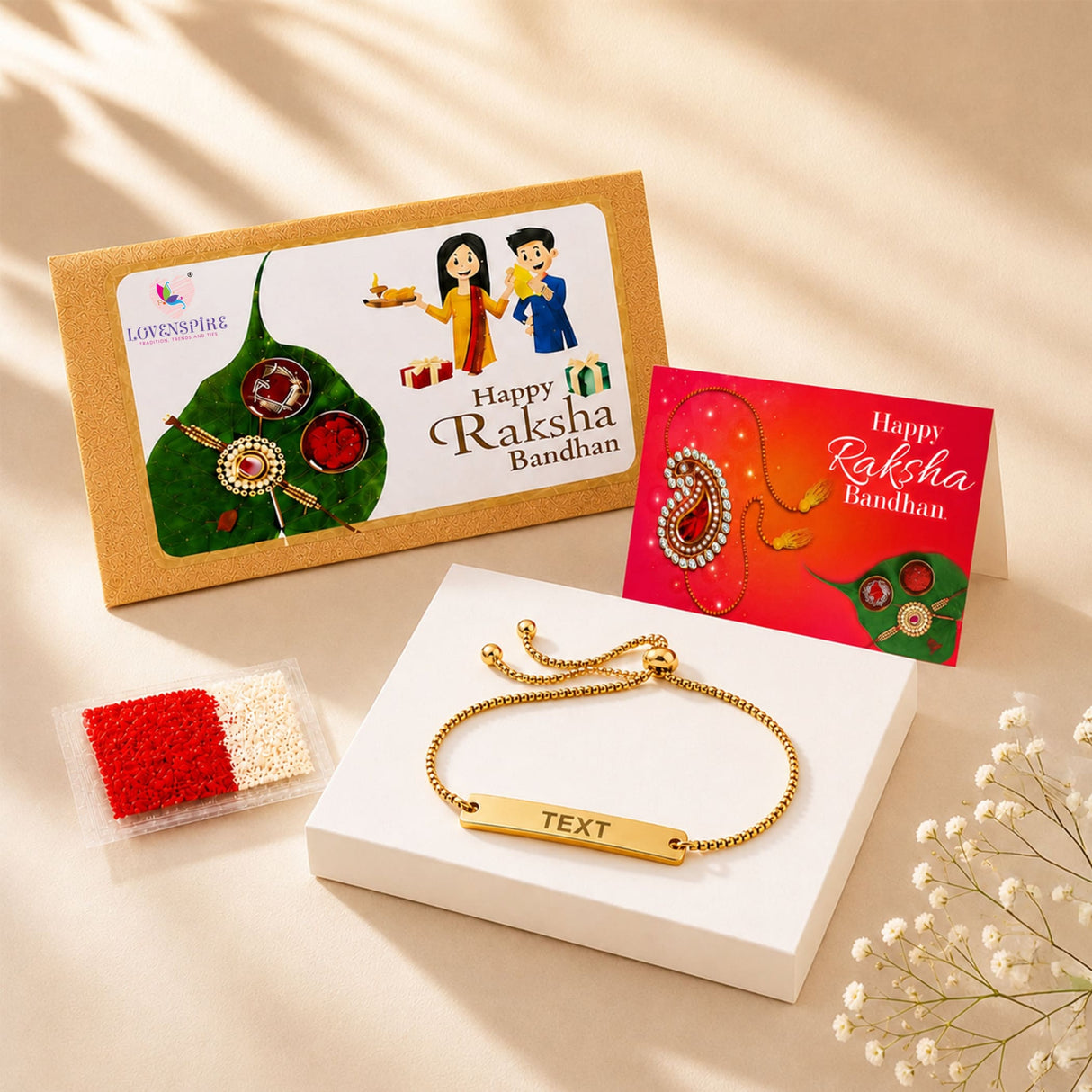 Gold-colored stainless steel adjustable bracelet with rectangular engraved bar and beaded chain for raksha bandhan gift