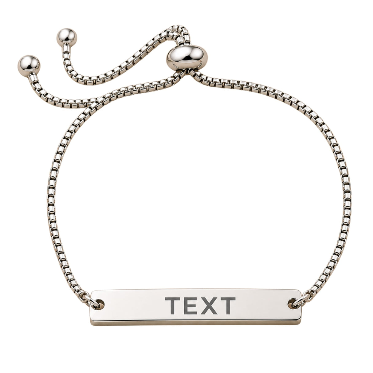 Silver personalized stainless steel adjustable rakhi bracelet with rectangular bar charm engraved with text for protection and good luck
