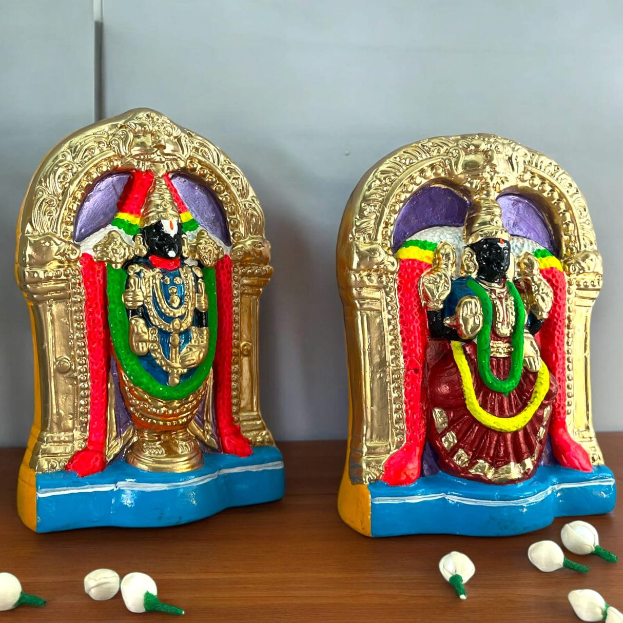 Colorful Hindu deity statues for Navaratri Golu from the Perumal Thayar Padmavati Devi collection