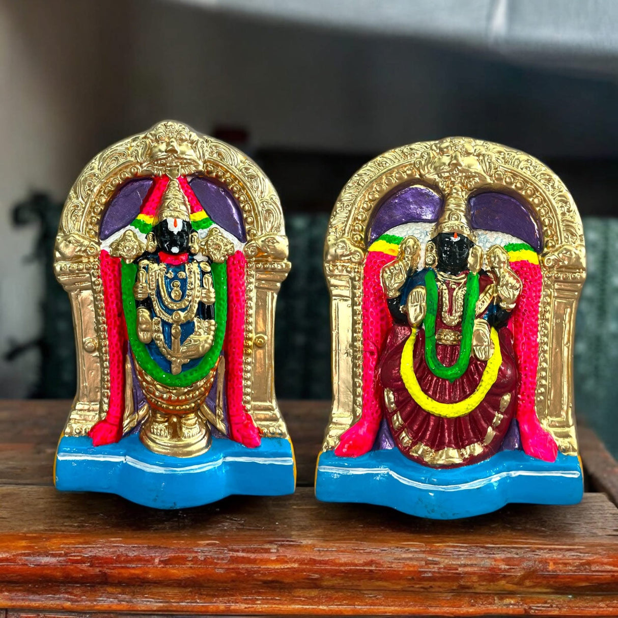 Colorful Hindu deity statues for Navaratri Golu dolls display in Tirupati Balaji theme
