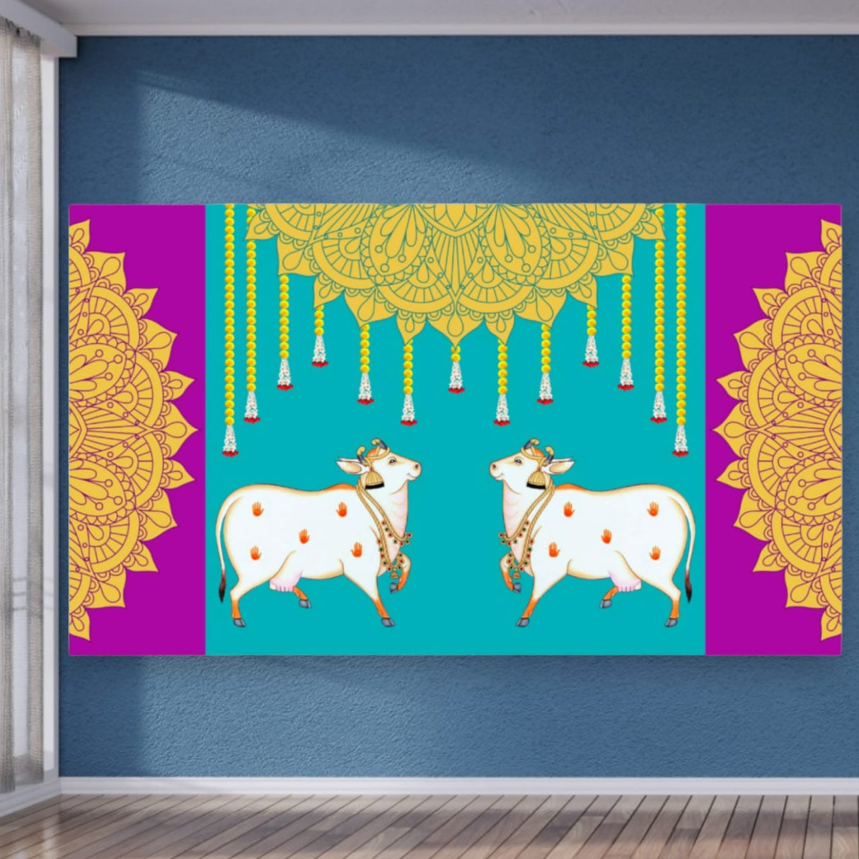 Pichwai Cow Print Backdrop 5x8 Feet Backdrop Indian Traditional Cloth Satnaryan Pooja Decor Indian Pooja Wall Decor Indian Wall Art Photo Decor Banner Decorative Cloth Wedding Favor - LoveNspire