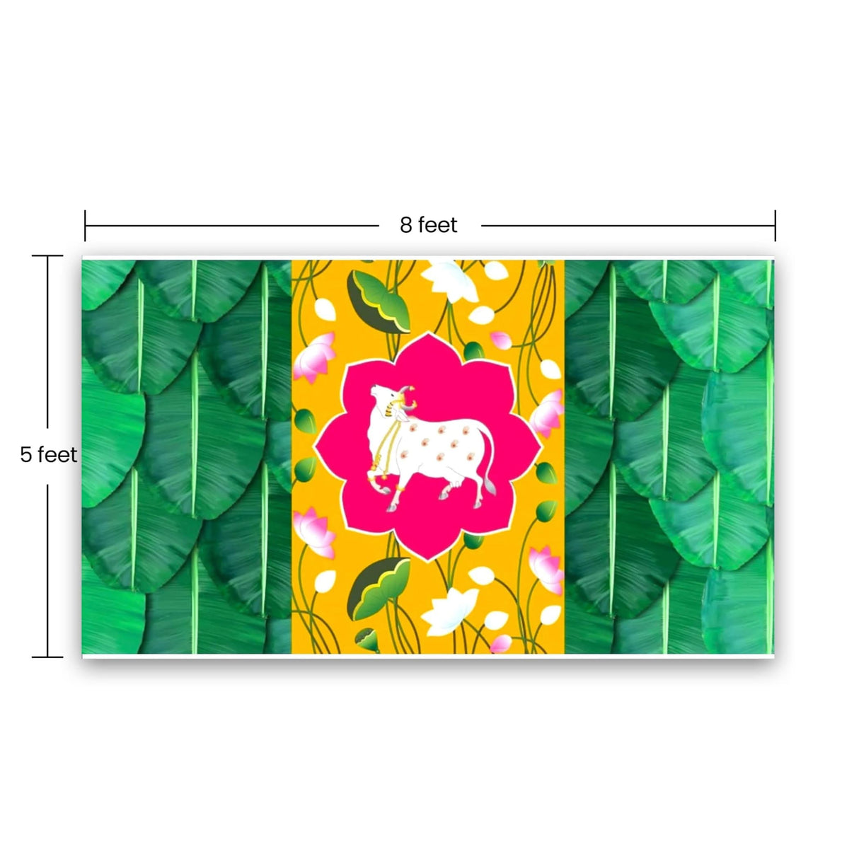 Pichwai Cow Print Backdrop 5x8 Feet Backdrop Indian Traditional Cloth Banana Leaf Decor Indian Pooja Wall Decor Indian Wall Art Photo Decor Banner Decorative Pooja Cloth Wedding Favor - LoveNspire