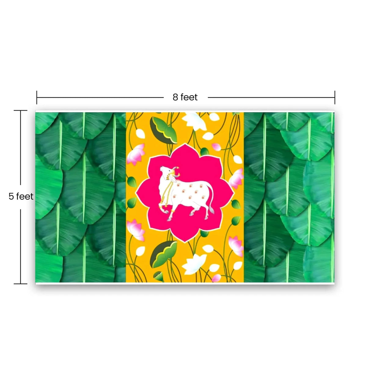 Pichwai Cow Print Backdrop 5x8 Feet Backdrop Indian Traditional Cloth Banana Leaf Decor Indian Pooja Wall Decor Indian Wall Art Photo Decor Banner Decorative Pooja Cloth Wedding Favor - LoveNspire