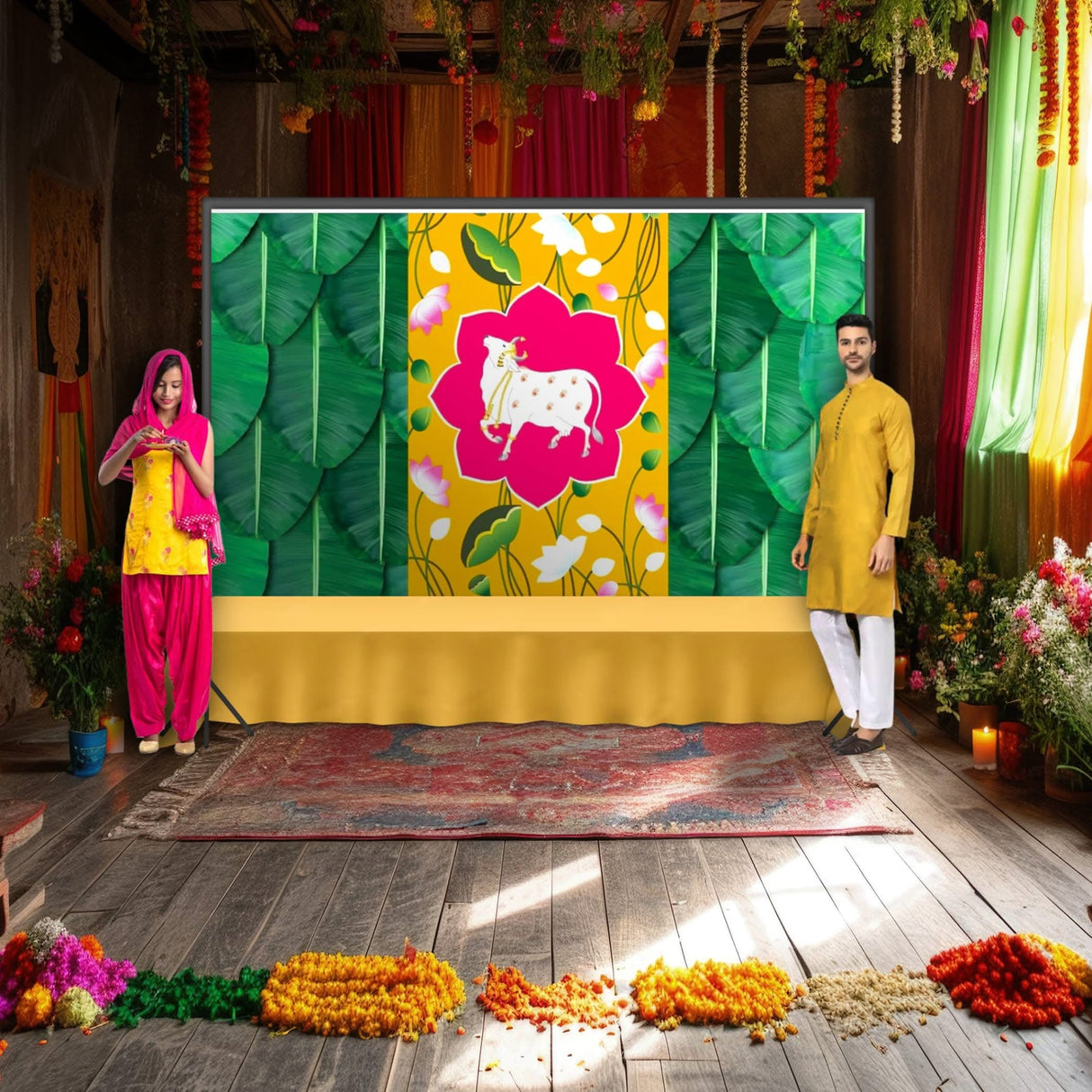 Pichwai Cow Print Backdrop 5x8 Feet Backdrop Indian Traditional Cloth Banana Leaf Decor Indian Pooja Wall Decor Indian Wall Art Photo Decor Banner Decorative Pooja Cloth Wedding Favor - LoveNspire
