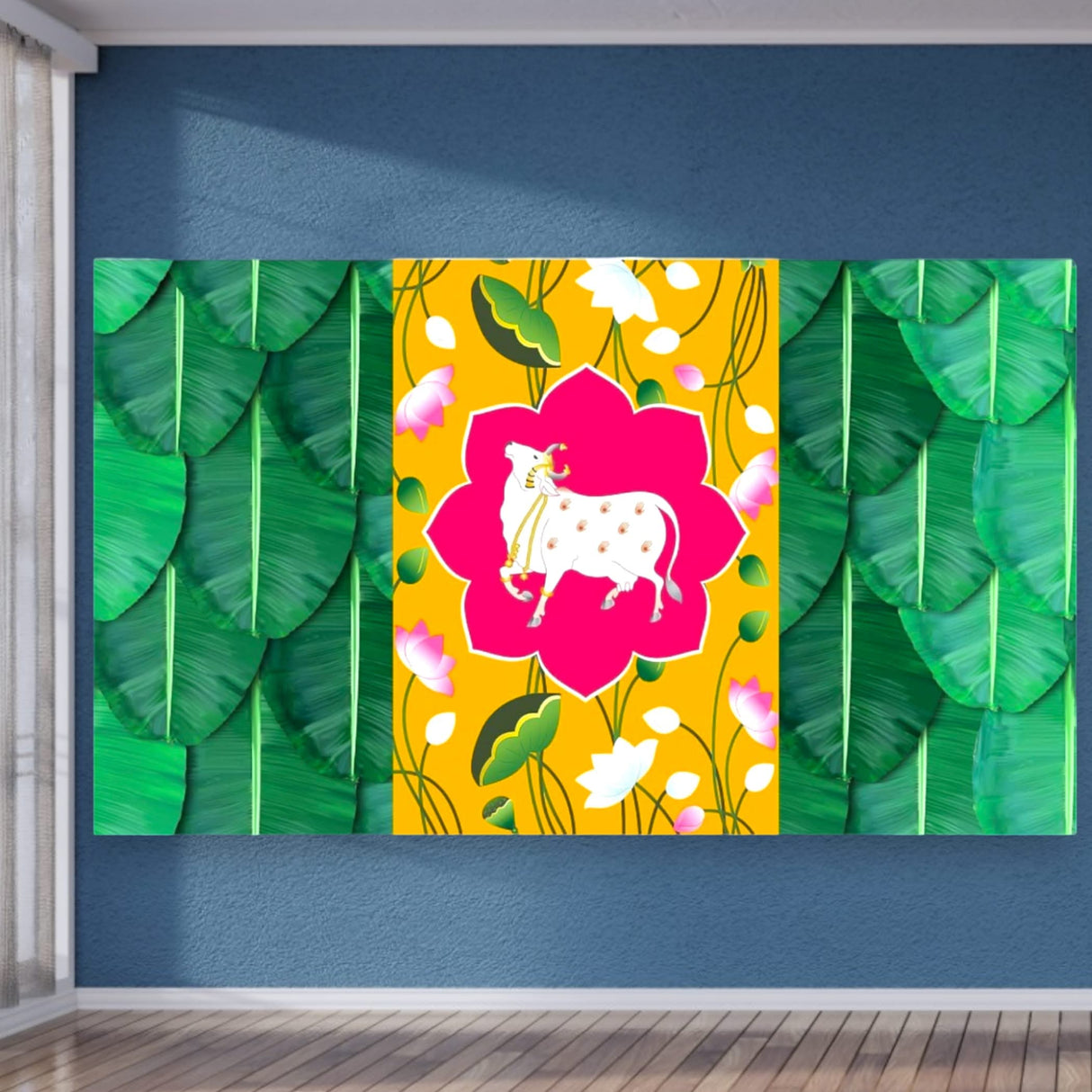 Pichwai Cow Print Backdrop 5x8 Feet Backdrop Indian Traditional Cloth Banana Leaf Decor Indian Pooja Wall Decor Indian Wall Art Photo Decor Banner Decorative Pooja Cloth Wedding Favor - LoveNspire