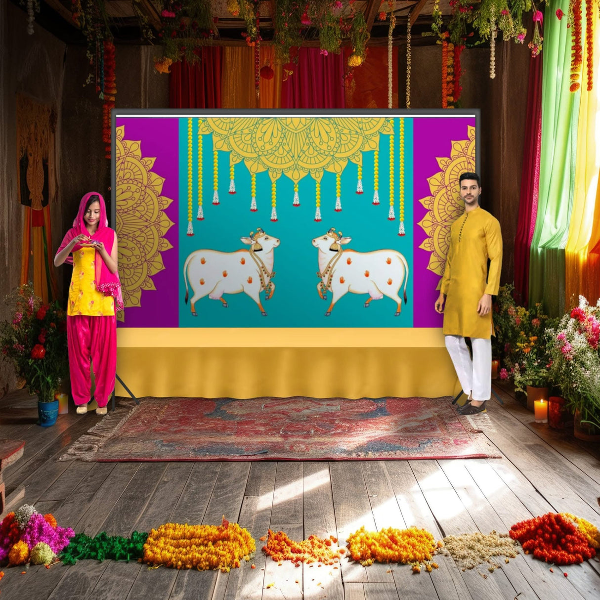 Pichwai Cow Print Backdrop 5x8 Feet Backdrop Indian Traditional Cloth Satnaryan Pooja Decor Indian Pooja Wall Decor Indian Wall Art Photo Decor Banner Decorative Cloth Wedding Favor - LoveNspire