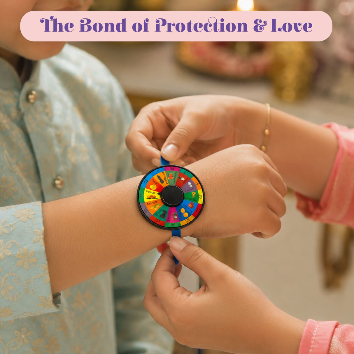 Colorful circular pin wheel rakhi bracelet with black center featuring vibrant emoji and number segments for brother gift