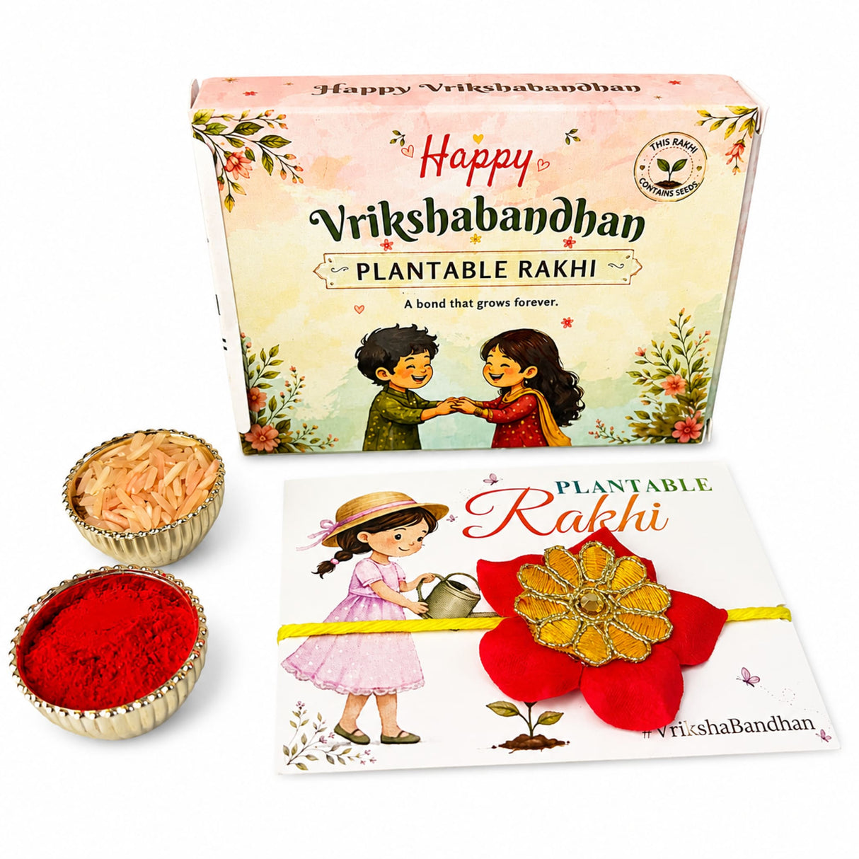 Red and gold floral plantable seed rakhi with yellow ribbon band handmade for brother and bhabhi eco friendly gift