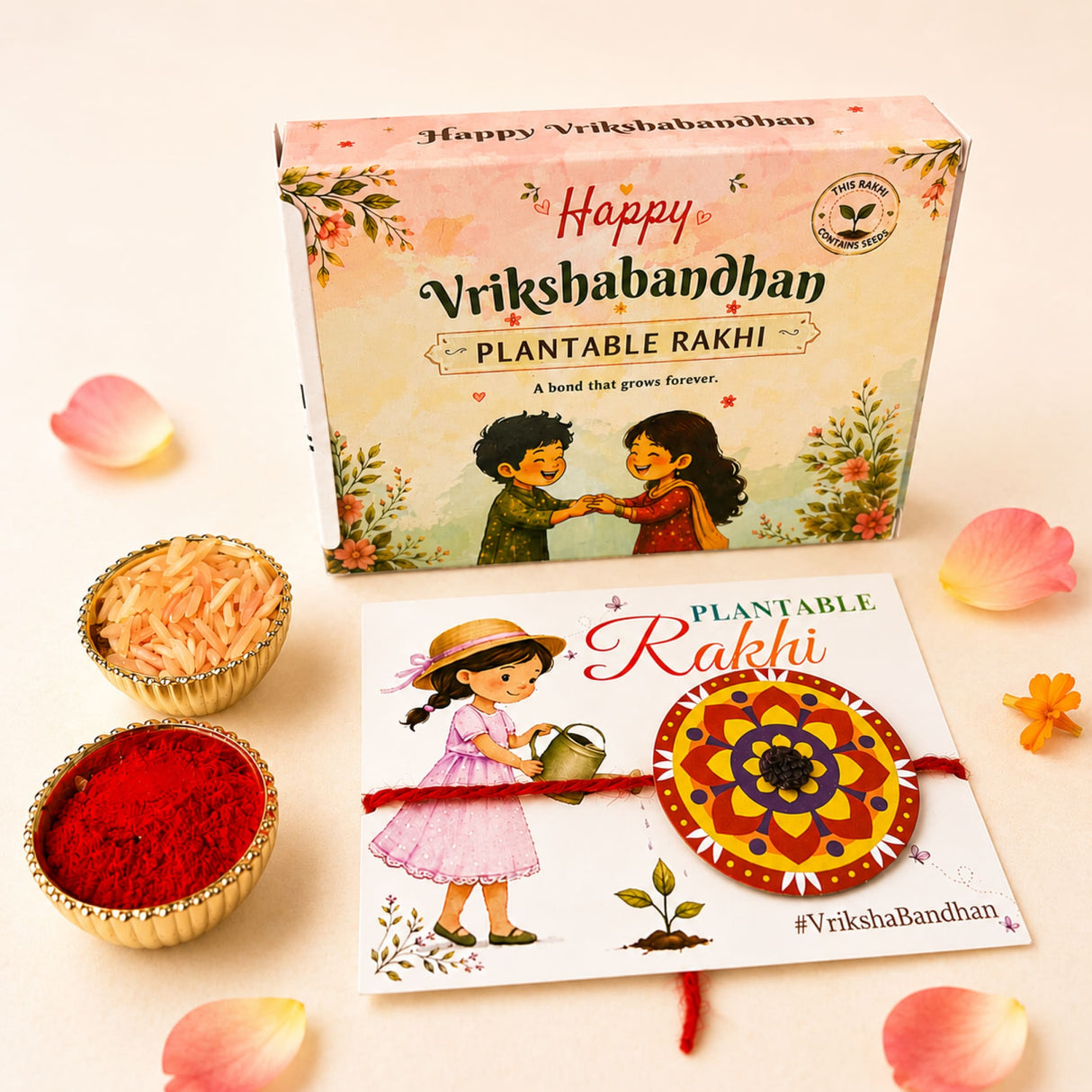 A vibrant circular plantable seed rakhi bracelet with yellow and red mandala fabric for brother and bhabhi gift