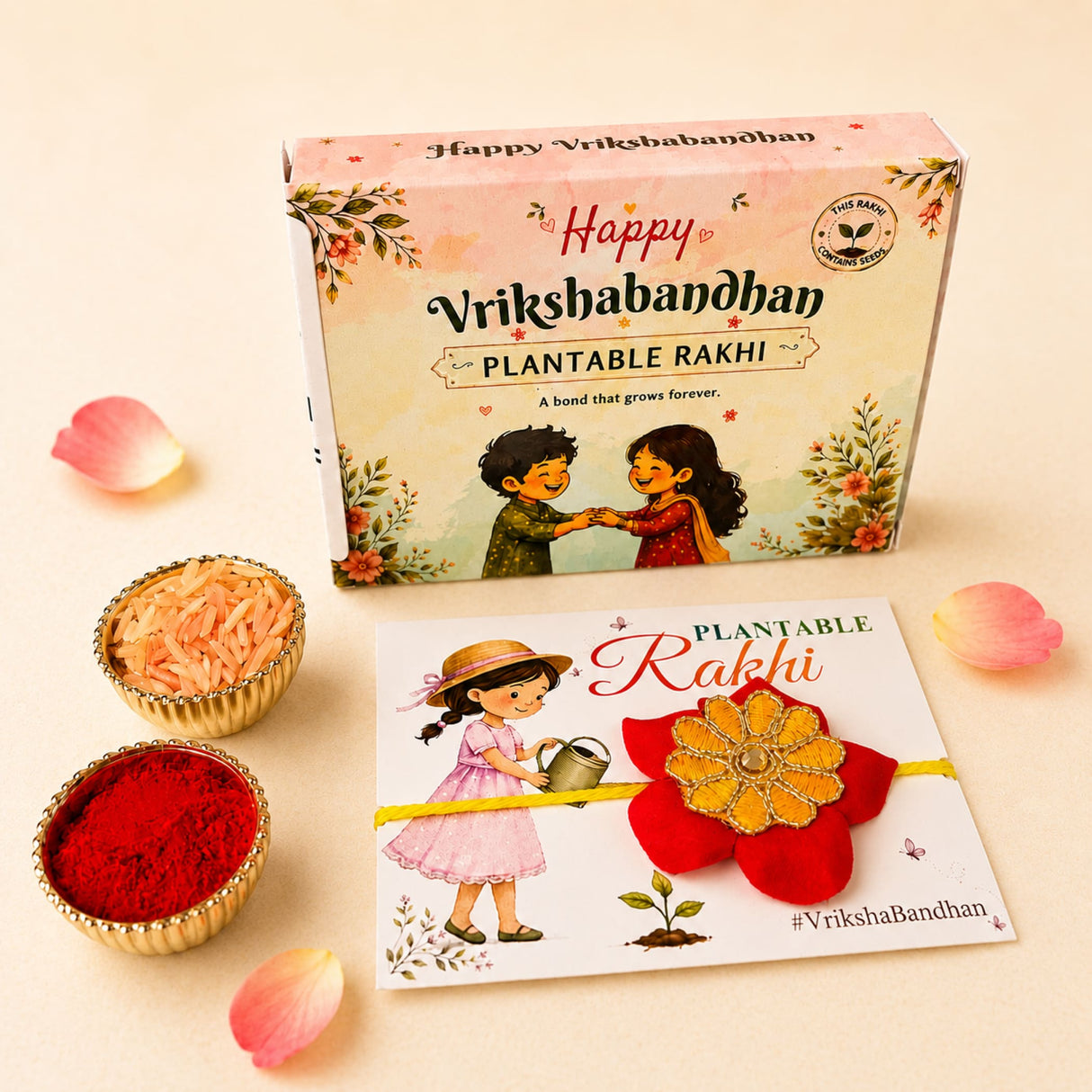 A vibrant red and gold plantable seed rakhi bracelet with a metallic accent for brother and bhabhi in vrikshabandhan