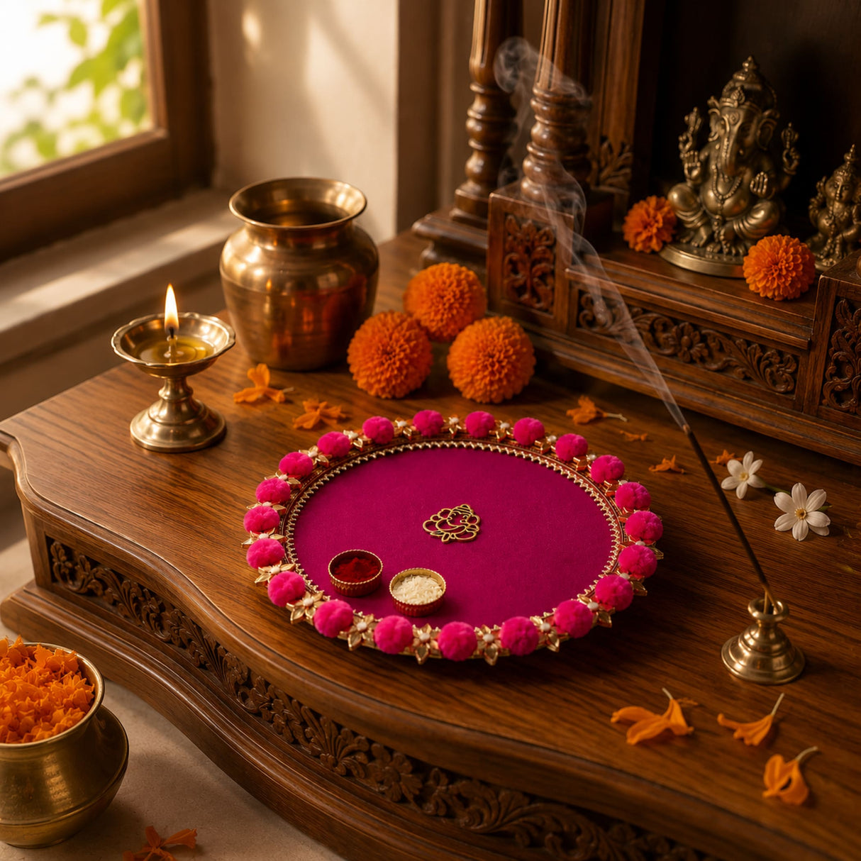 A vibrant magenta steel pompom ganesha decorated handmade pooja thali with pink pom-poms and gold motif for rituals