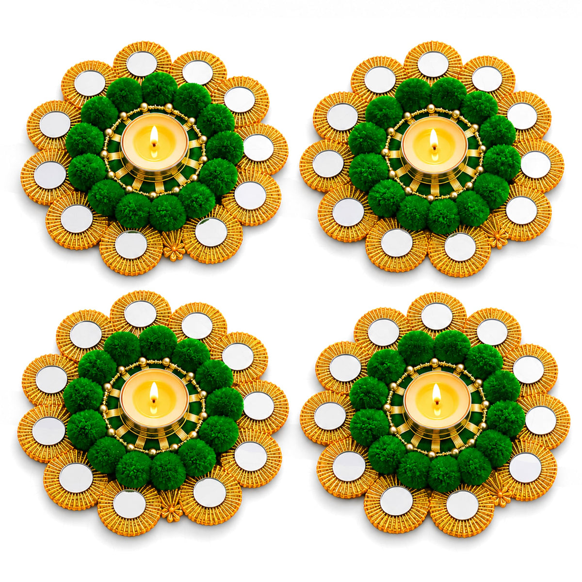 Green pom-pom and gold mirror flower-shaped rangoli mat tealight candle holders for festive home decor and gifting
