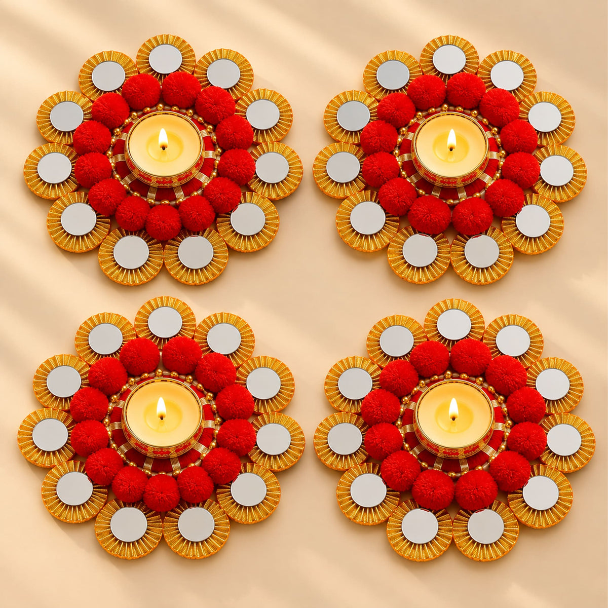 Rangoli mat tealight candle holder 7 inch red and gold floral decorative diya stand with mirrored accents for festive decor