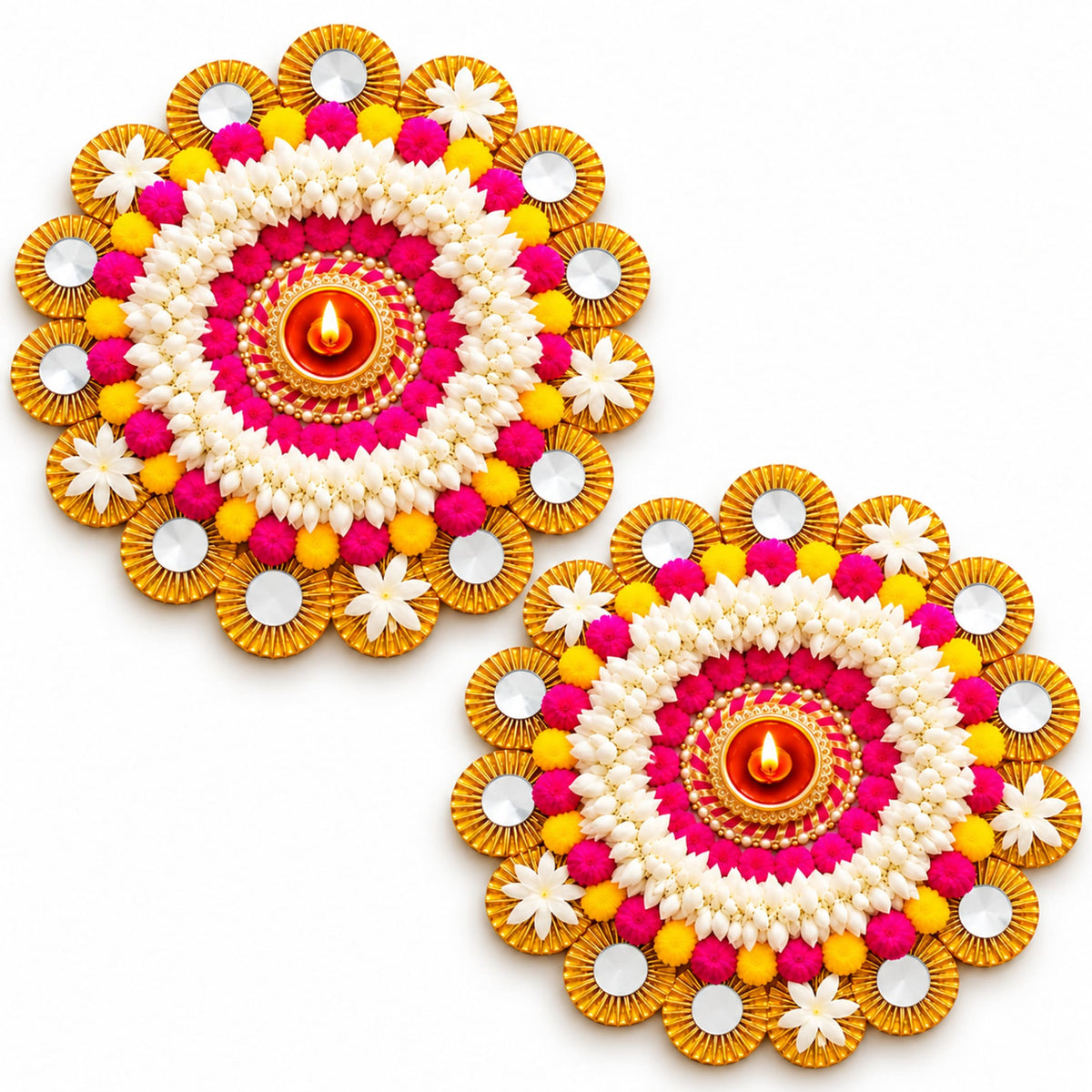 Rangoli mat tealight candle holder with vibrant pink and yellow floral designs, artificial flowers, and metallic accents