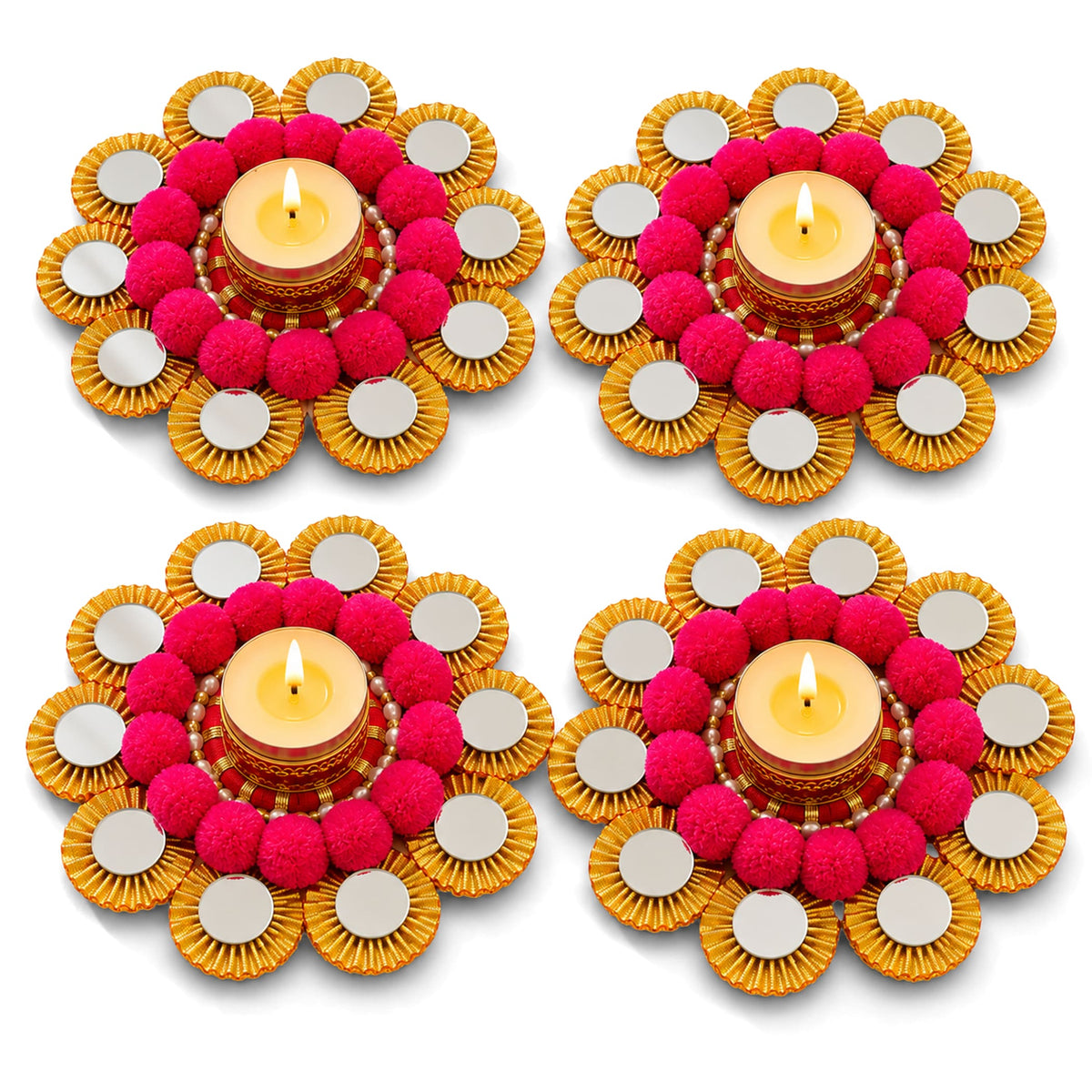 Vibrant pink pom-pom and gold foil-edged rangoli mat tealight candle holders with lit candles for festive décor