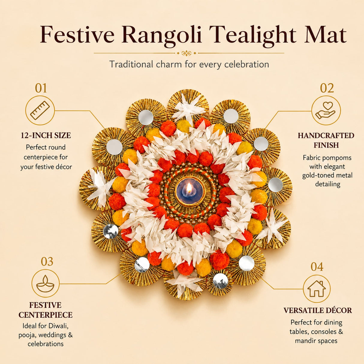 Tea light candle holder rangoli mat with gold pompons white flowers orange accents for Diwali pooja home decor