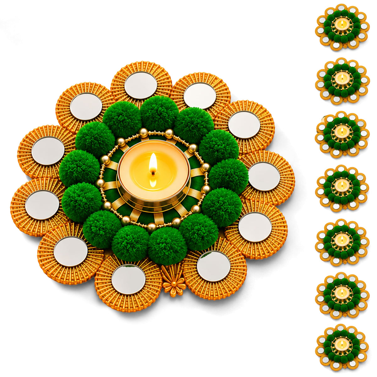 Rangoli mat tealight candle holder with golden and green mirrored petals and fluffy pom-poms for festive decor