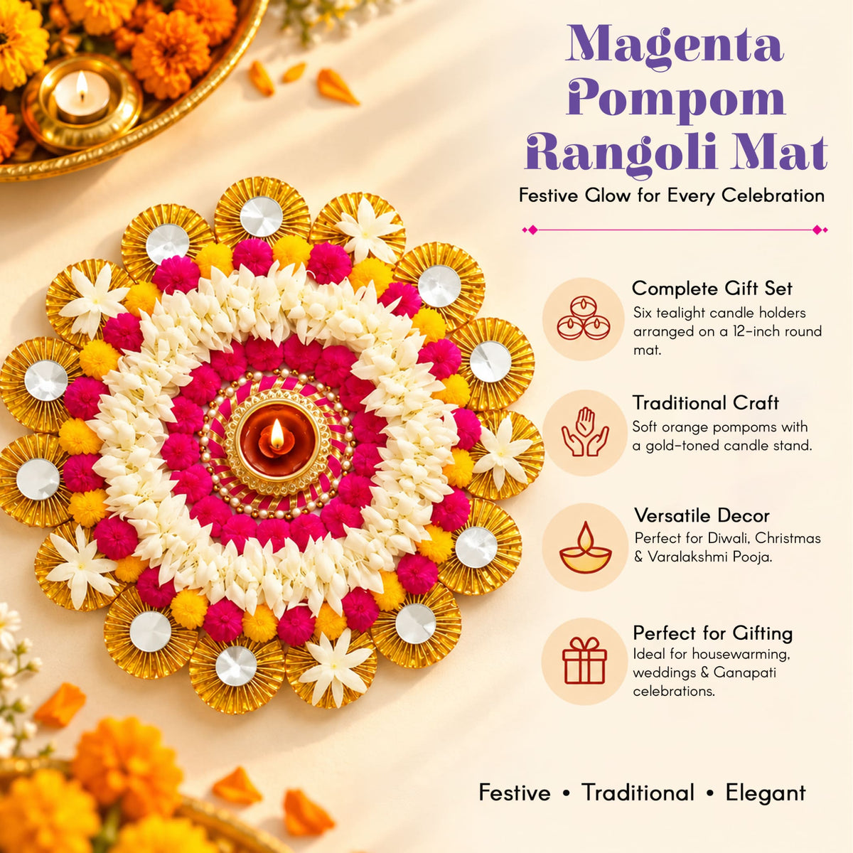 Magenta pom-pom rangoli mat tealight candle holder with white and pink floral patterns on gold-toned bases for decor
