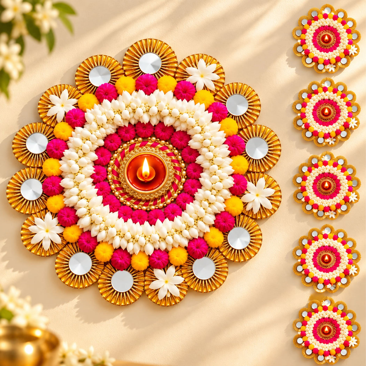 Rangoli mat tealight candle holder with vibrant rangoli design, jasmine flowers, pom-poms, gold accents, and central oil lamp