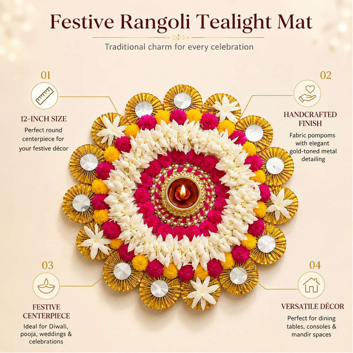 Tea light candle holder rangoli mat with tealight holder, white and pink fabric pompons, and gold metal details for festive decor
