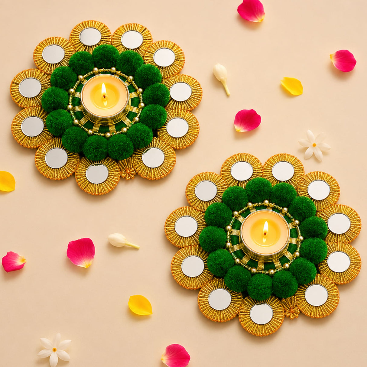 Tea light candle holder rangoli mat with golden beaded candle holders green pom-pom accents and mirrored petals
