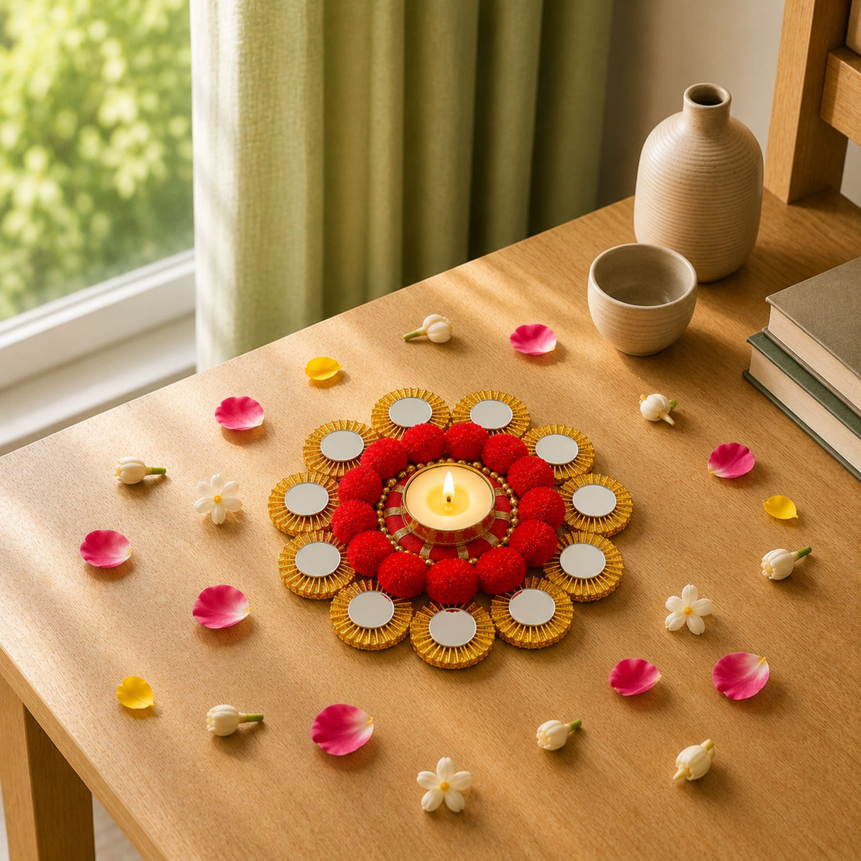 A vibrant red and gold metal tea light candle holder with lit tealight and circular accents for festive home decor