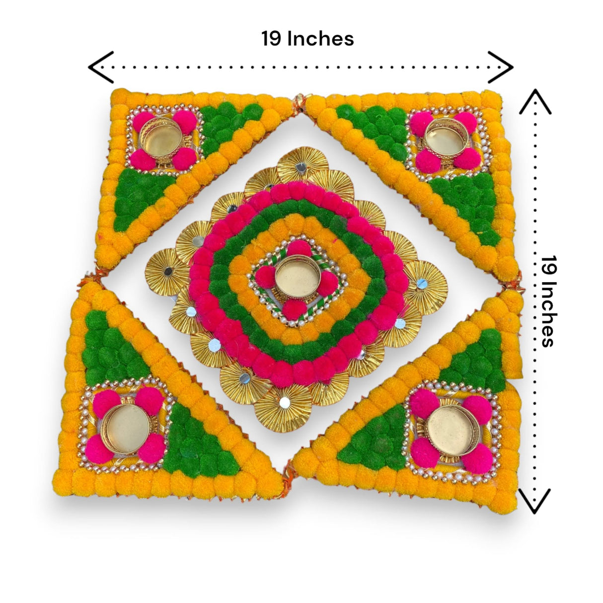 Rangoli Mat with Tea Light Candle Holder for Diwali Christmas Onam Pongal Decorations Pompom Rangoli Floor Home Temple Table Decor - Indian Traditional Deepawali Decoration (1 Pcs) - LoveNspire