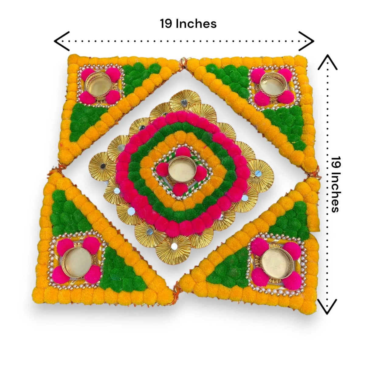 Rangoli Mat with Tea Light Candle Holder for Diwali Christmas Onam Pongal Decorations Pompom Rangoli Floor Home Temple Table Decor - Indian Traditional Deepawali Decoration (1 Pcs) - LoveNspire