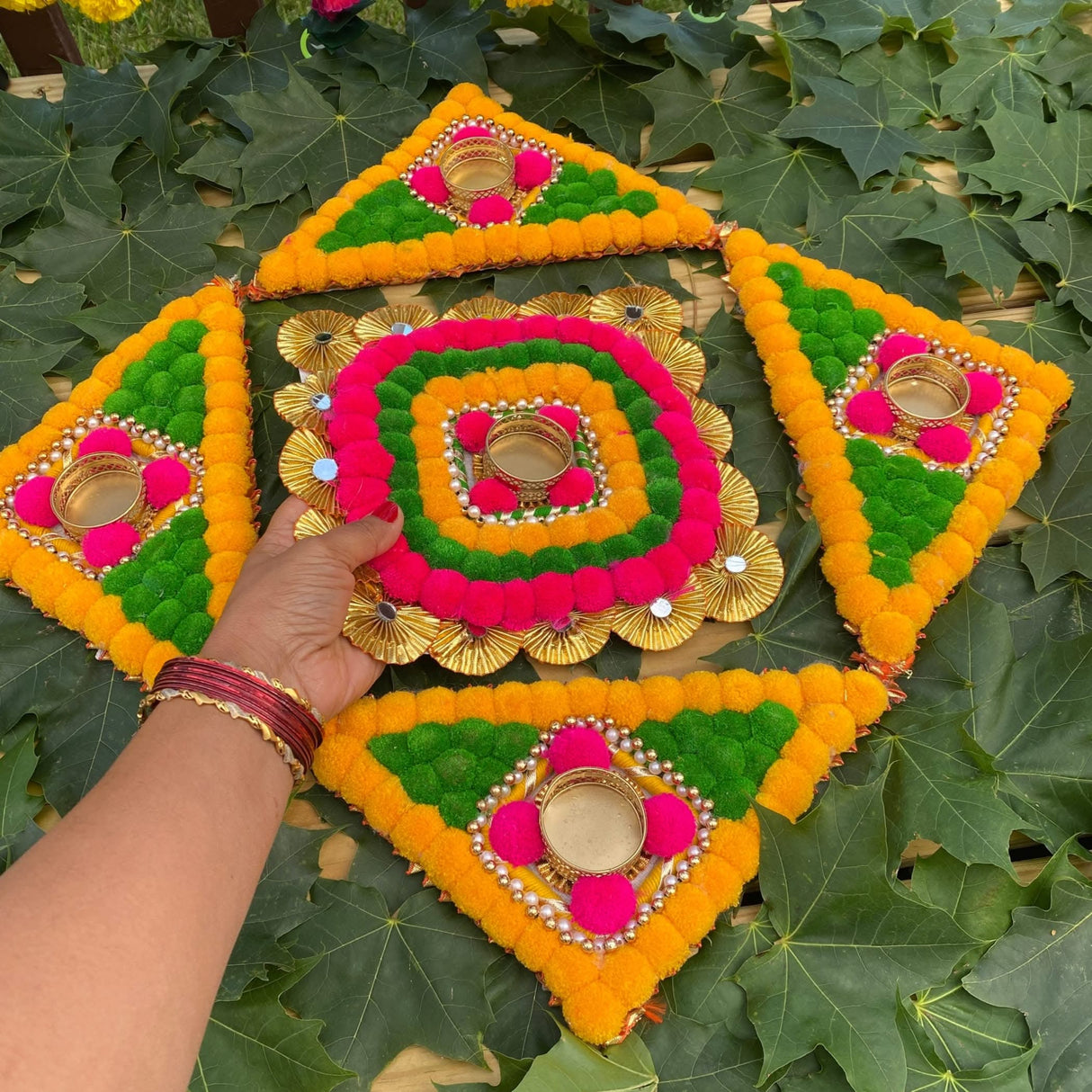 Rangoli Mat with Tea Light Candle Holder for Diwali Christmas Onam Pongal Decorations Pompom Rangoli Floor Home Temple Table Decor - Indian Traditional Deepawali Decoration (1 Pcs) - LoveNspire