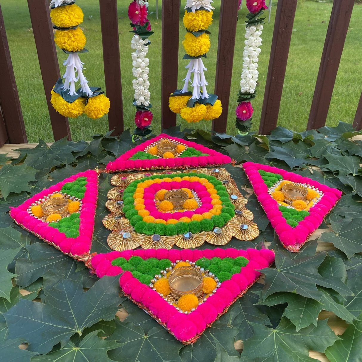 Rangoli Mat with Tea Light Candle Holder for Diwali Christmas Onam Pongal Decorations Pompom Rangoli Floor Home Temple Table Decor - Indian Traditional Deepawali Decoration (1 Pcs) - LoveNspire
