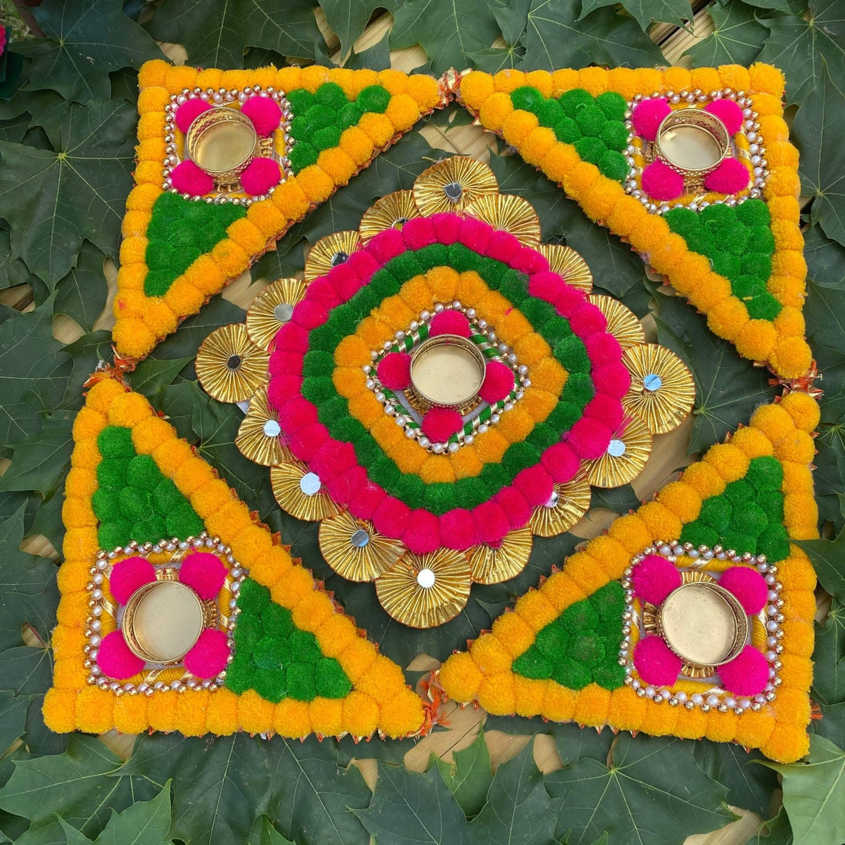 Rangoli Mat with Tea Light Candle Holder for Diwali Christmas Onam Pongal Decorations Pompom Rangoli Floor Home Temple Table Decor - Indian Traditional Deepawali Decoration (1 Pcs) - LoveNspire