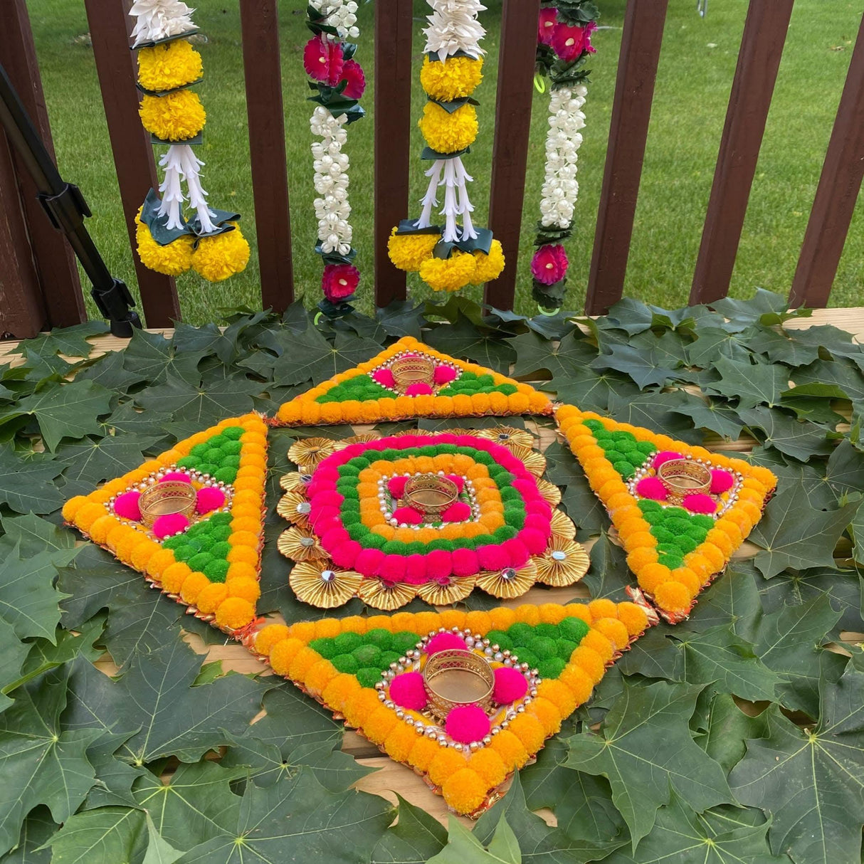 Rangoli Mat with Tea Light Candle Holder for Diwali Christmas Onam Pongal Decorations Pompom Rangoli Floor Home Temple Table Decor - Indian Traditional Deepawali Decoration (1 Pcs) - LoveNspire