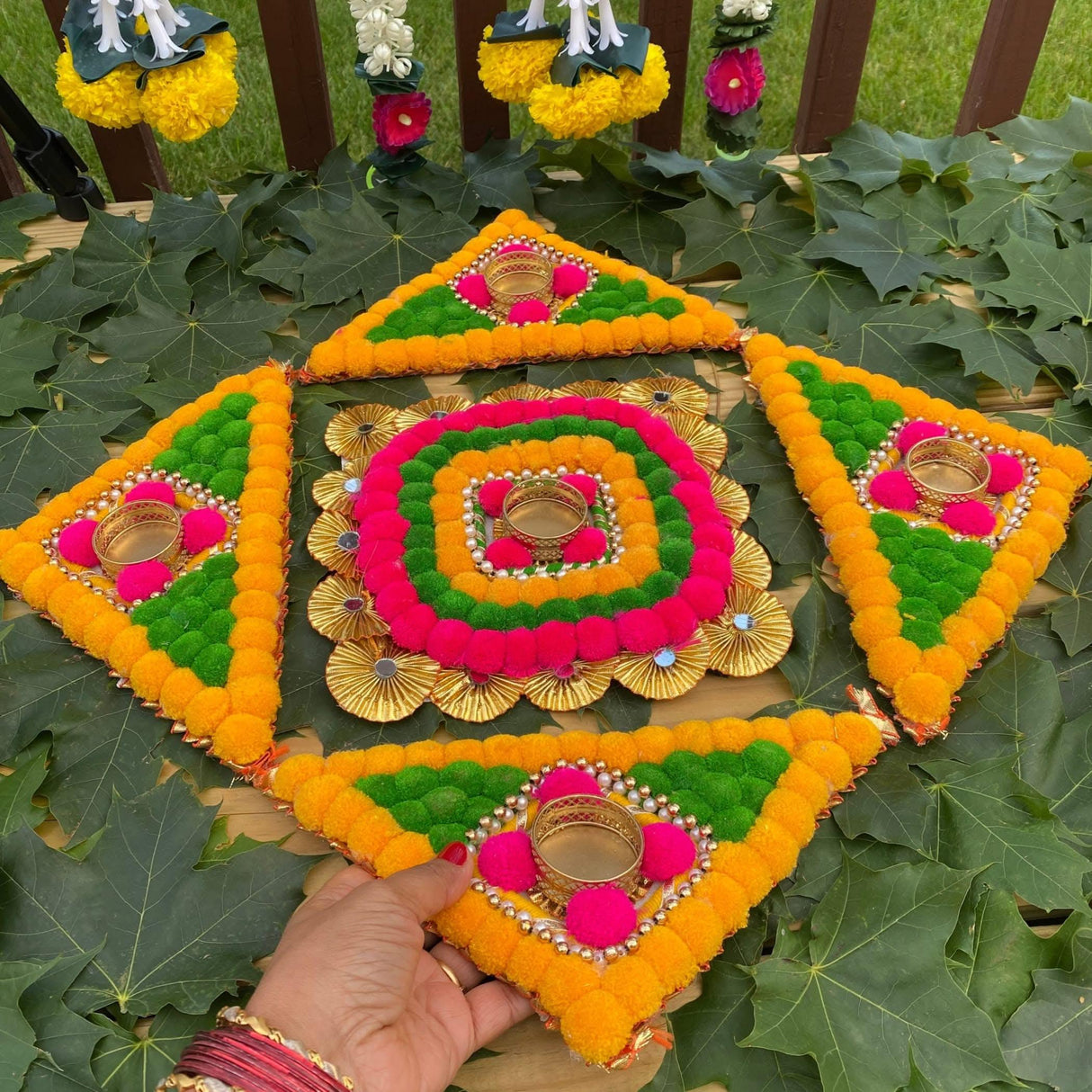 Rangoli Mat with Tea Light Candle Holder for Diwali Christmas Onam Pongal Decorations Pompom Rangoli Floor Home Temple Table Decor - Indian Traditional Deepawali Decoration (1 Pcs) - LoveNspire