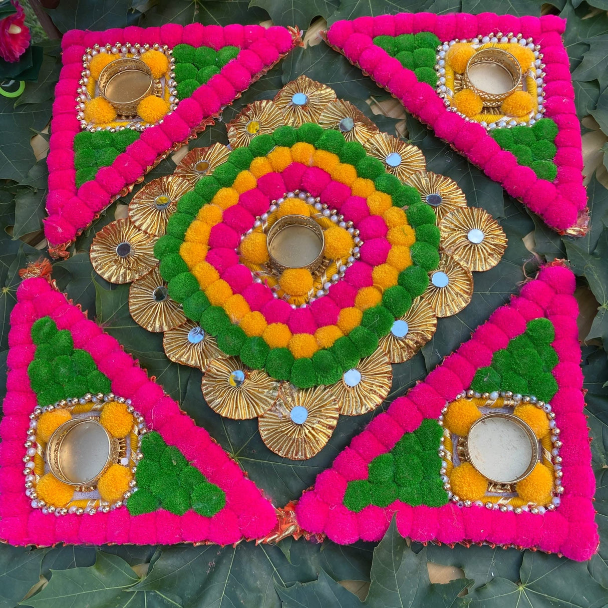 Rangoli Mat with Tea Light Candle Holder for Diwali Christmas Onam Pongal Decorations Pompom Rangoli Floor Home Temple Table Decor - Indian Traditional Deepawali Decoration (1 Pcs) - LoveNspire