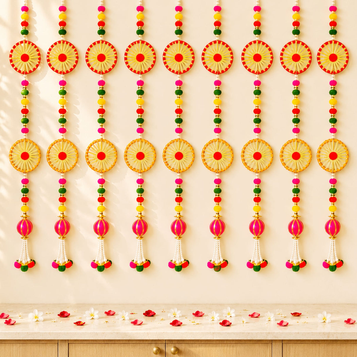 Vibrant handcrafted 2 strings wall backdrop hanging with woven red and gold pompom wheels beads and pink tassels for Diwali decor