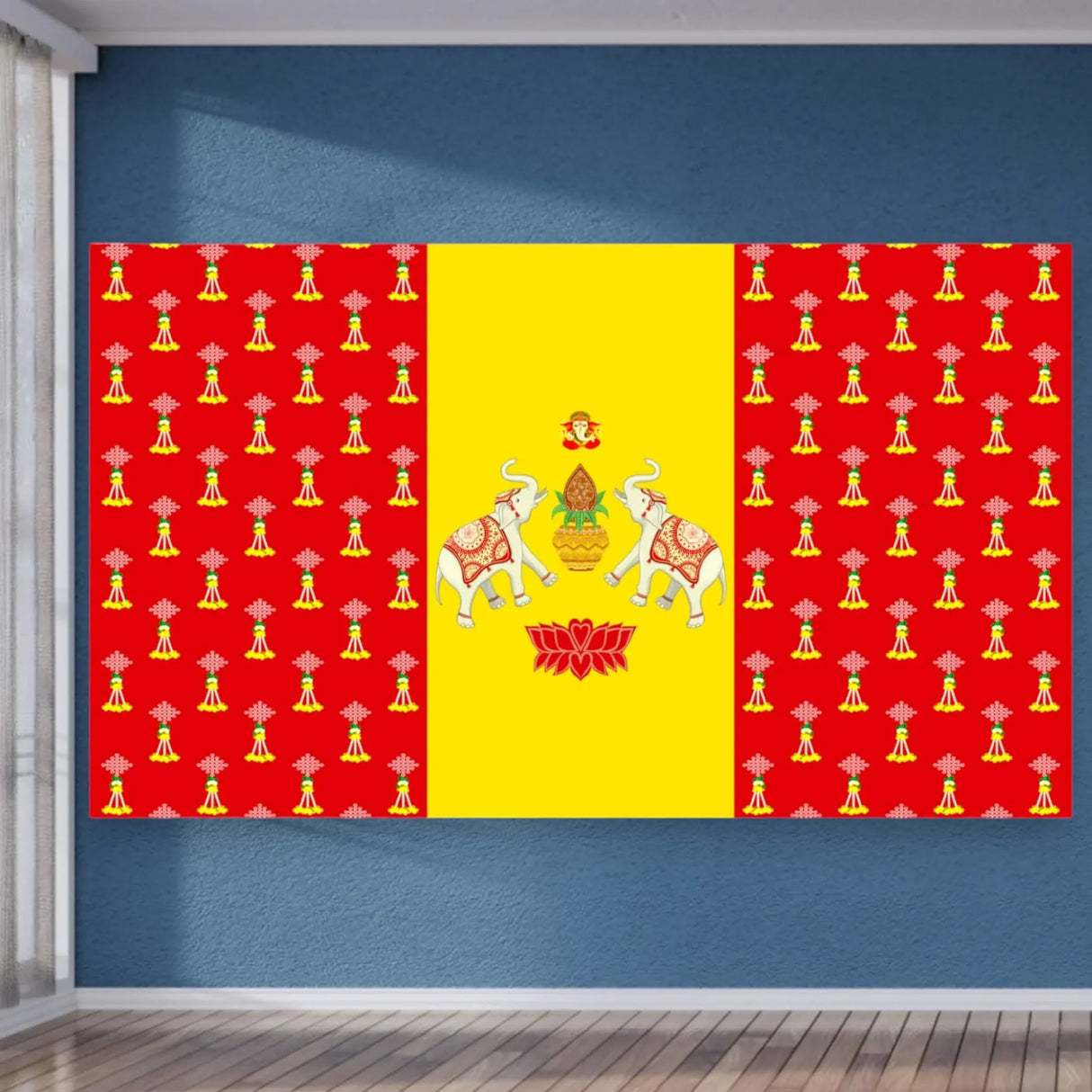 Elephant Ganesha Backdrop Indian Traditional Cloth 5x8 Feet Backdrop Pooja Banner Indian Wall Art Photo Decor Banner Diwali Decor Wedding Backdrop Decorative Pooja Cloth - LoveNspire