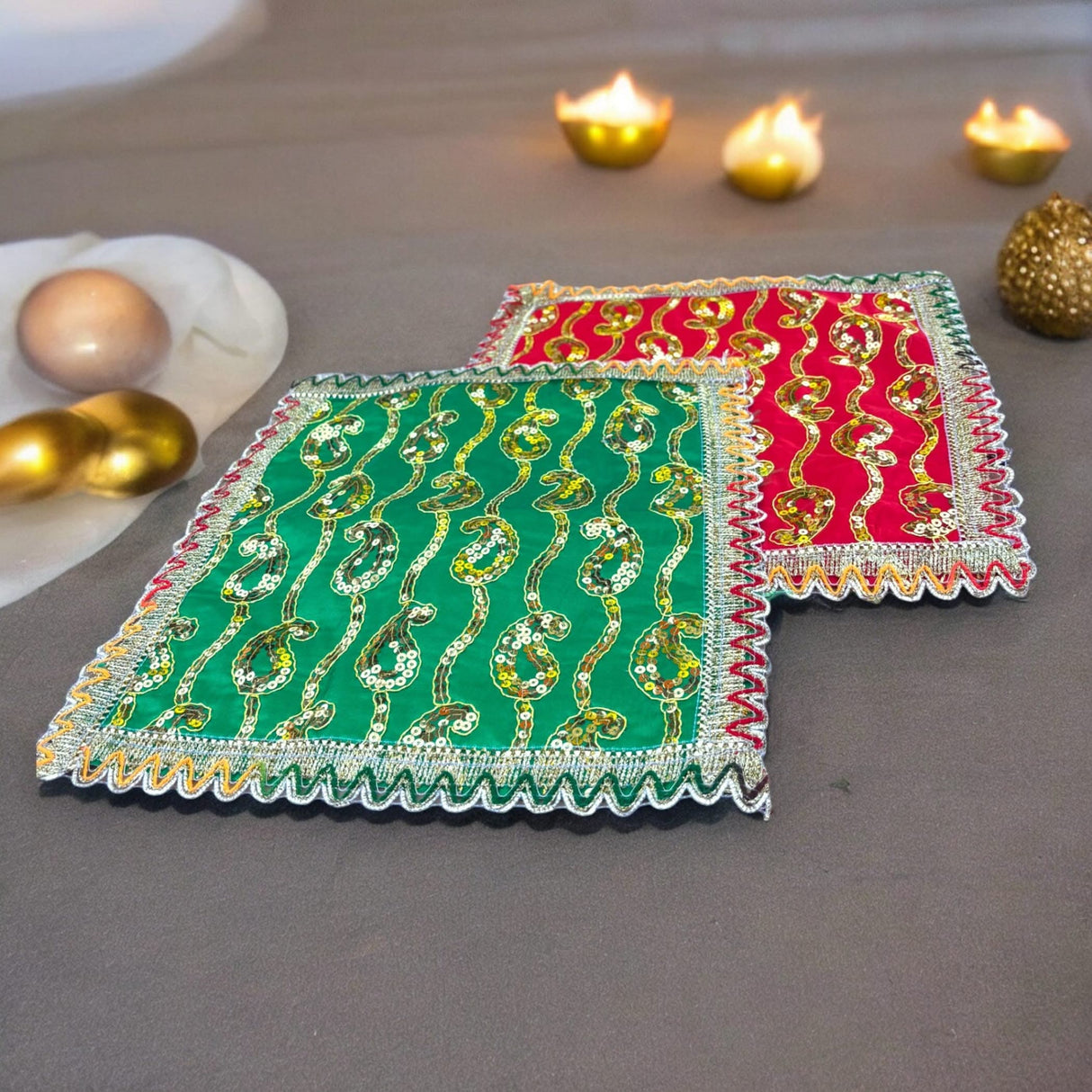 Cloth Pooja Mat Aasan Decorative Silk Mix Fabric Cloth for God Goddess Idol Puja Asan Mandir Temple Home Office Decor Base Chowki Asana Indian Festival Diwali Decoration - Housewarming Gift - LoveNspire