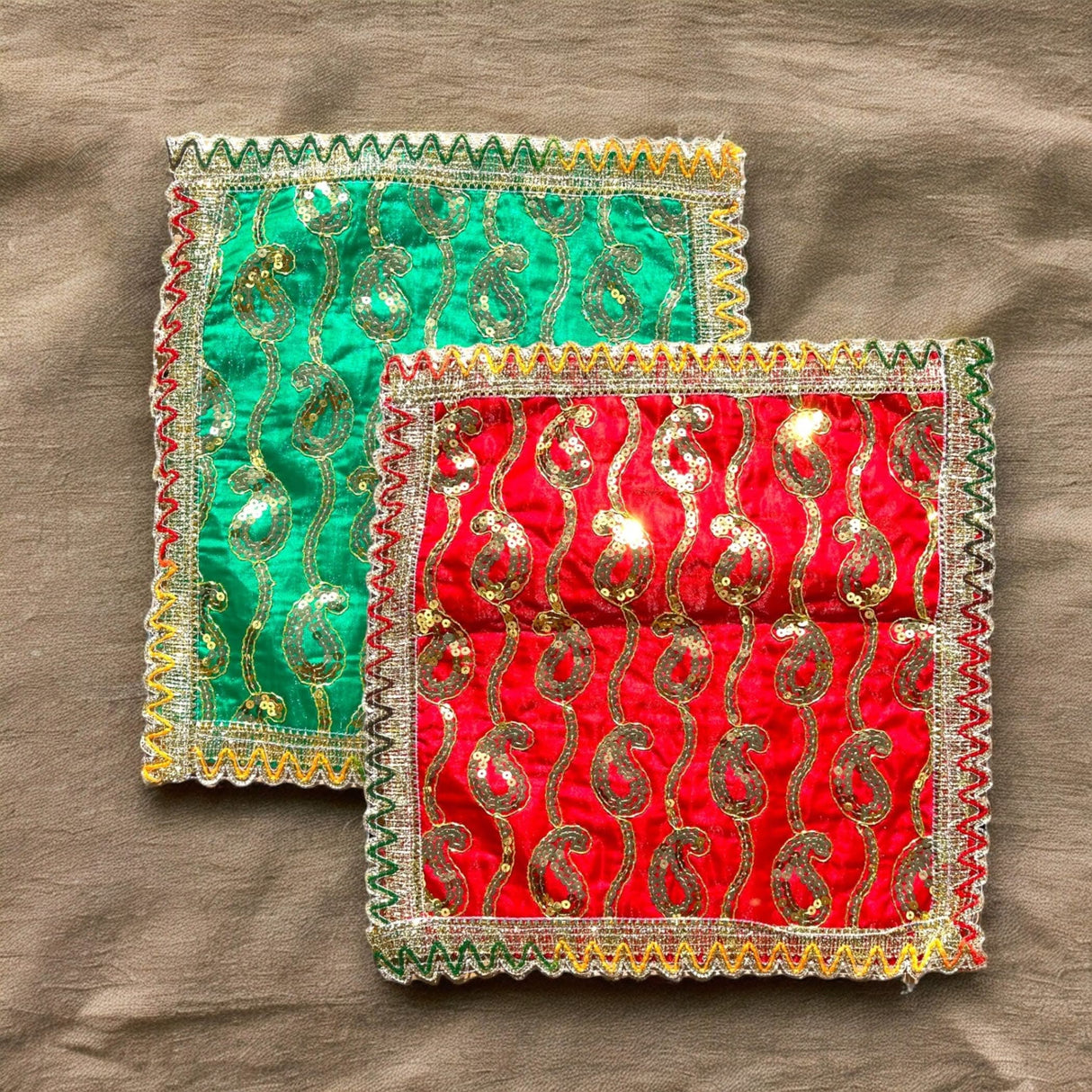 Cloth Pooja Mat Aasan Decorative Silk Mix Fabric Cloth for God Goddess Idol Puja Asan Mandir Temple Home Office Decor Base Chowki Asana Indian Festival Diwali Decoration - Housewarming Gift - LoveNspire