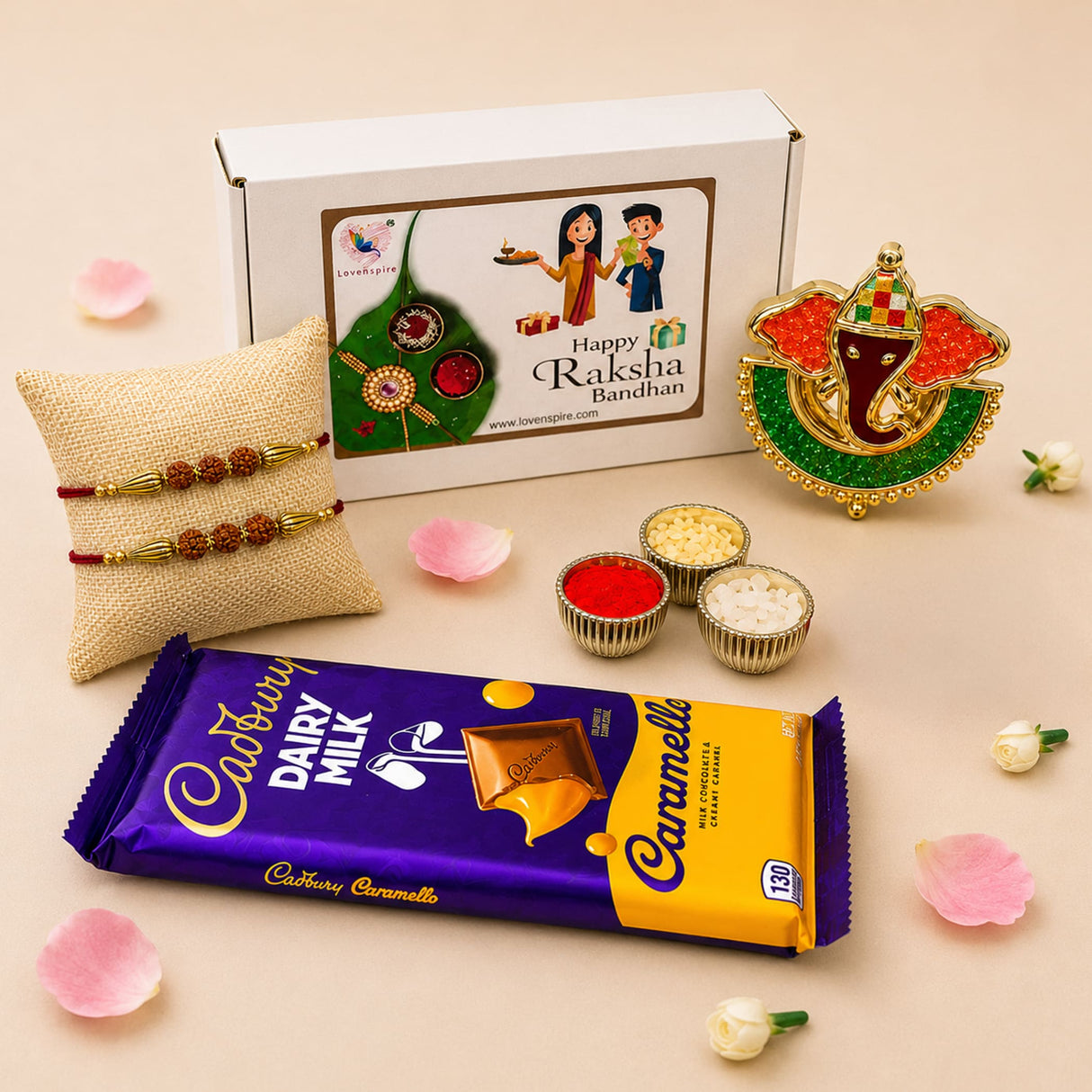 Purple and yellow cadbury dairy milk caramello chocolate bar with glossy wrapper in raksha bandhan gift hamper for brother and bhabhi