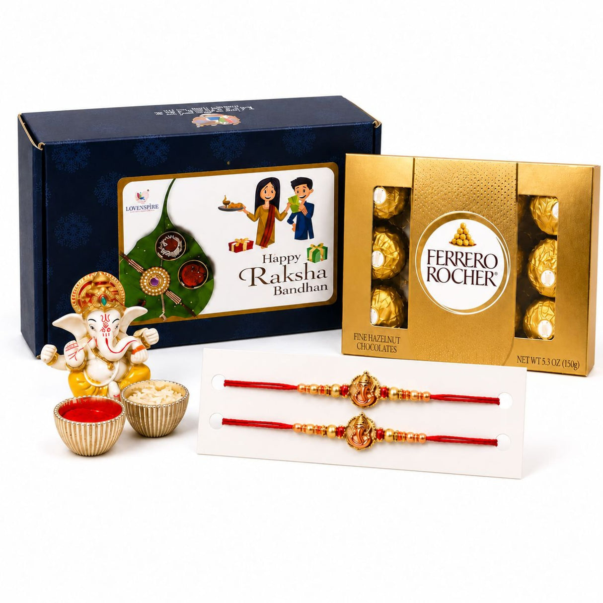 Golden ferrero rocher chocolates in a shiny gold box included in raksha bandhan gift hamper for brother and bhabhi