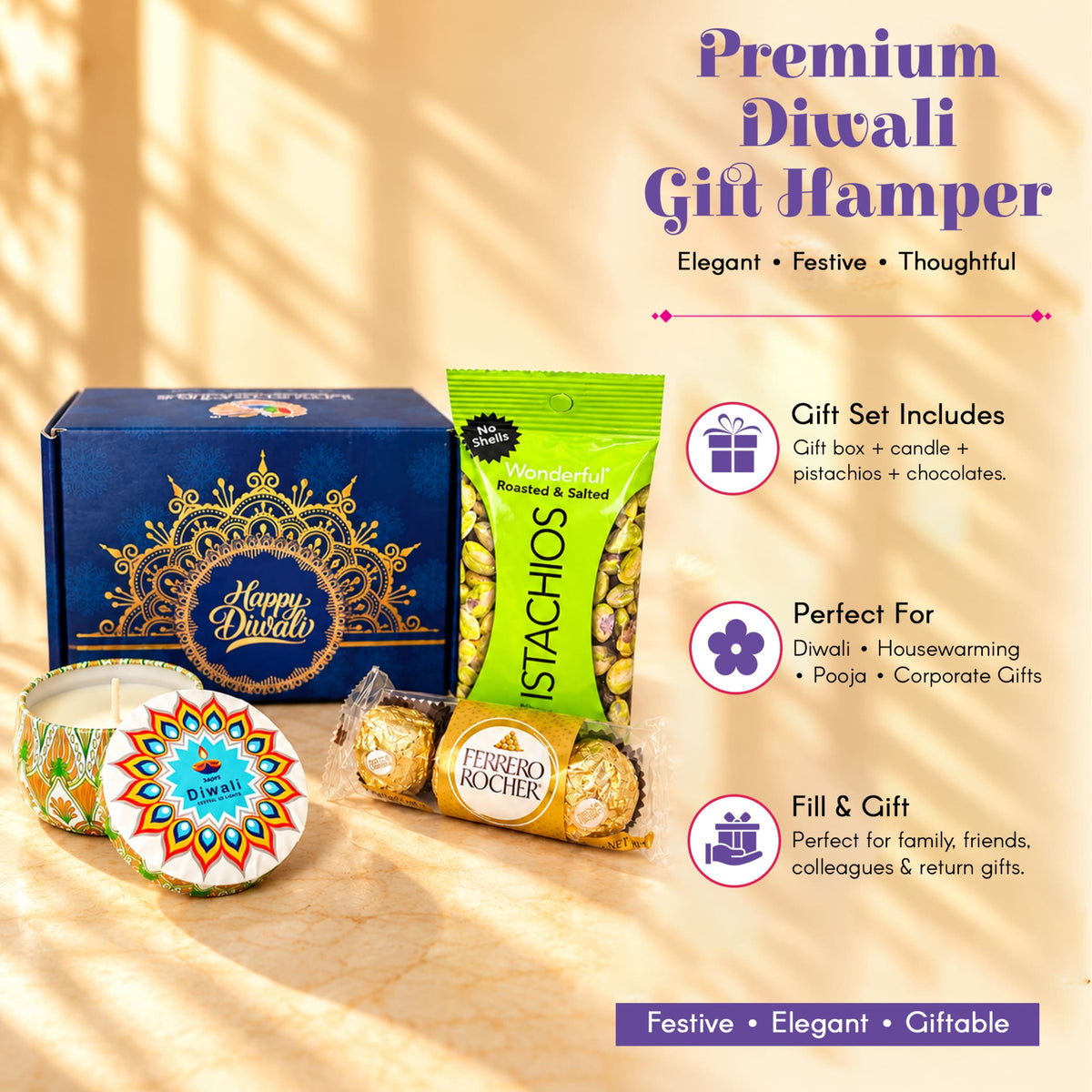 Blue premium diwali gift hamper box with gold ornate mandala design and happy diwali text for festive gifting