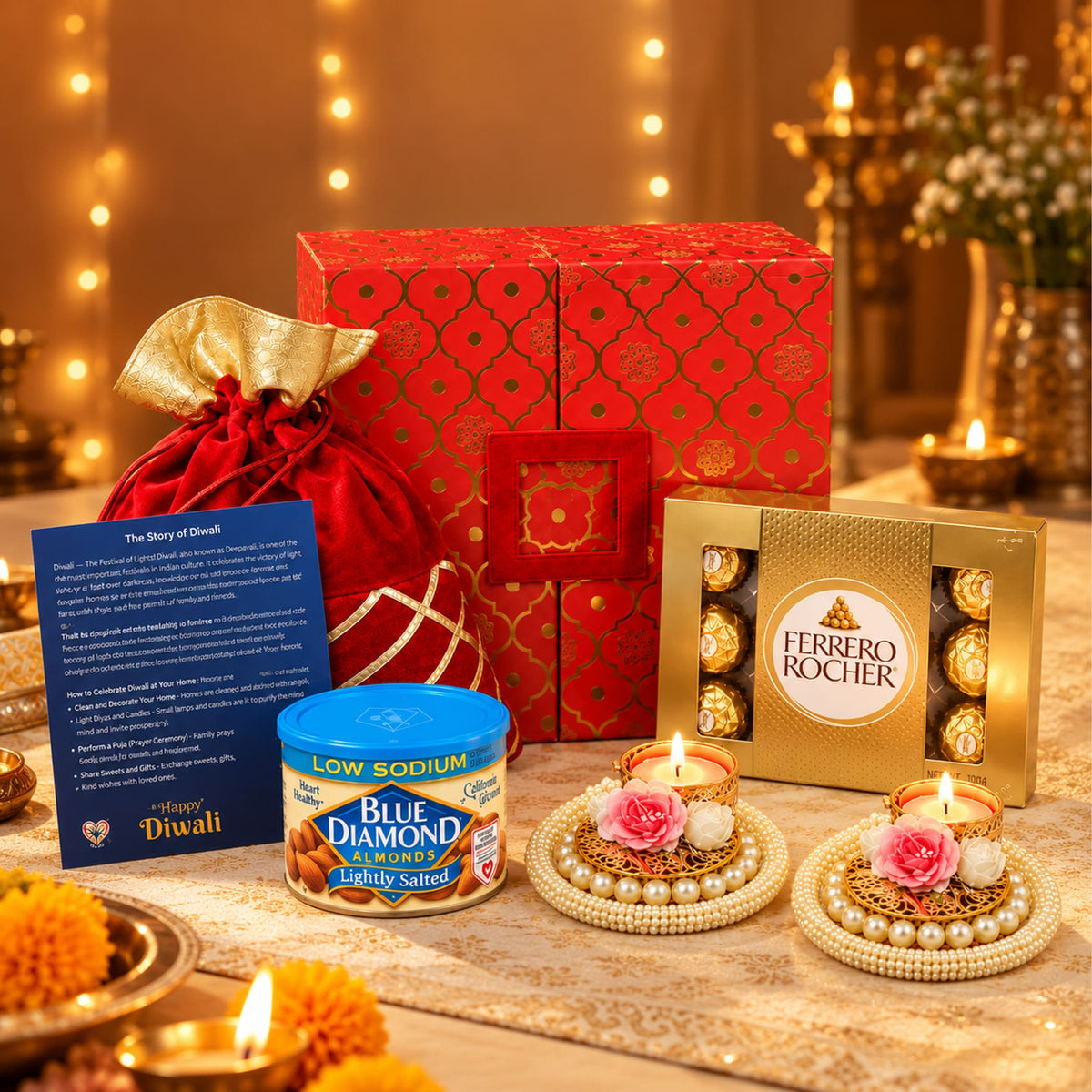 Gold-colored ferrero rocher chocolate box with circular logo and visible chocolates in diwali gift hamper for festival gifts