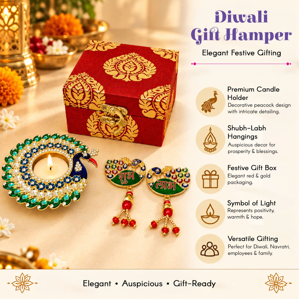 Elegant red and gold Diwali gift hamper box with intricate peacock motifs for premium Indian festival gifts