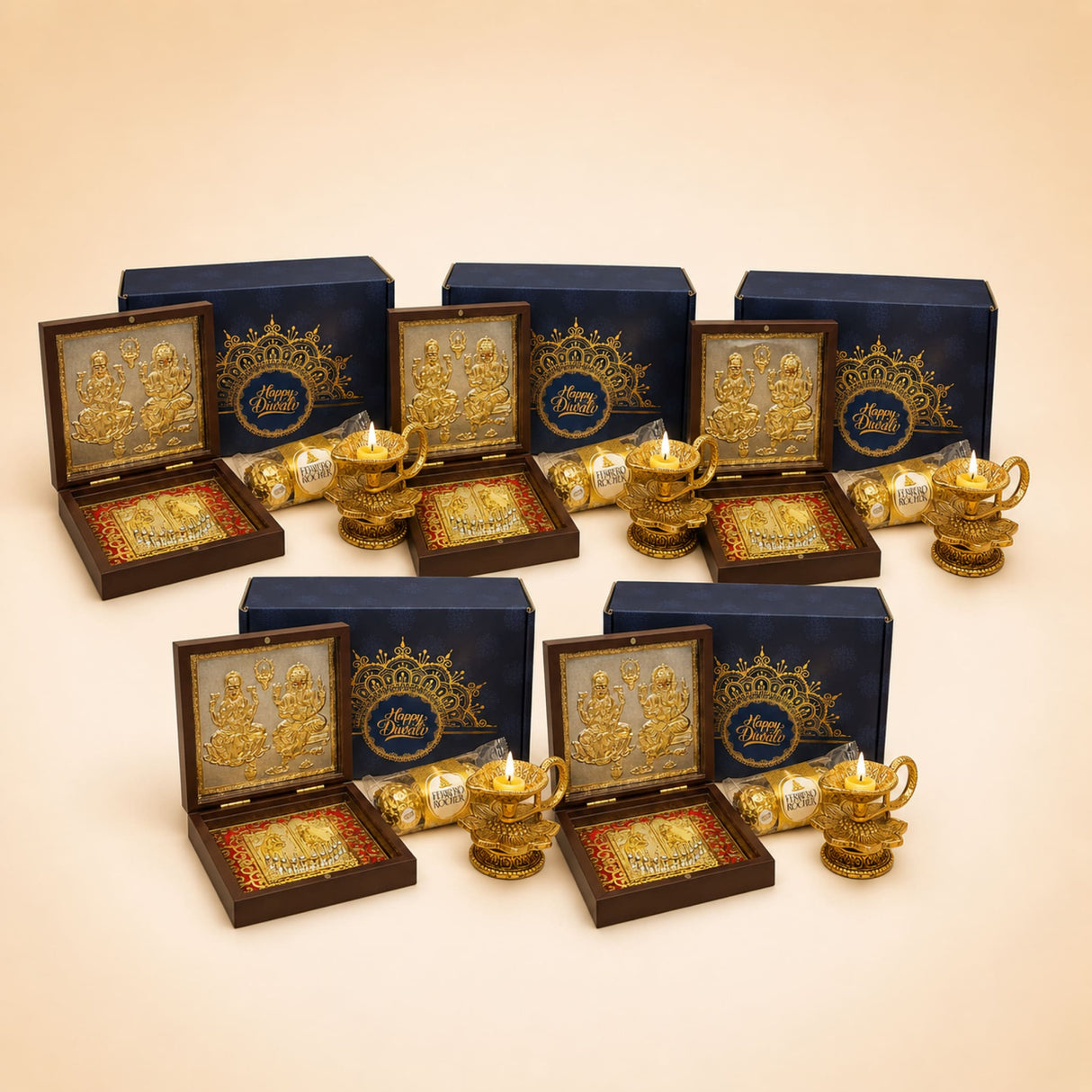 Golden diwali oil lamp diya with intricate filigree design and small flame in premium brass deepawali gift hamper box