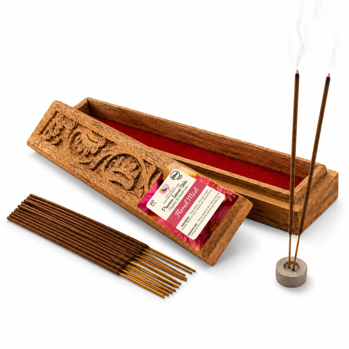 Wooden incense box with carved design and red interior holding floral mists premium scented incense sticks for pooja use