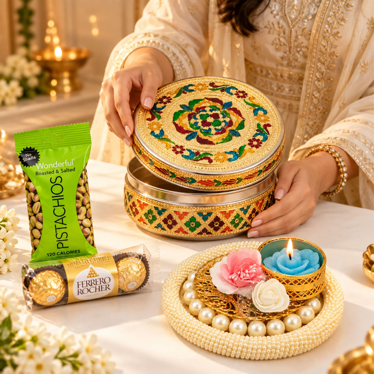A round ornate meenakari stainless steel sweet box with colorful embroidered floral lid for diwali festive gifting