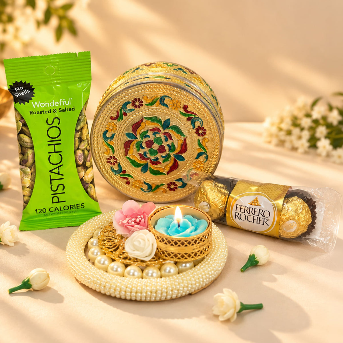 Gold-colored ornate round stainless steel sweet box with intricate red green and yellow meenakari floral enamel designs for festive gifting