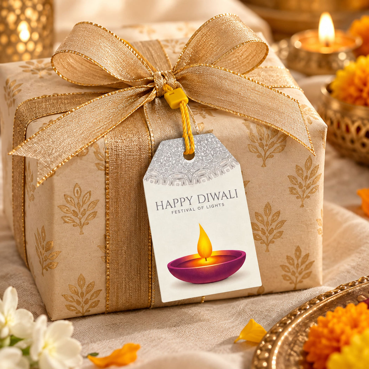 A beige gift box wrapped in gold-patterned paper with a shimmering gold ribbon and a happy diwali printed paper tag